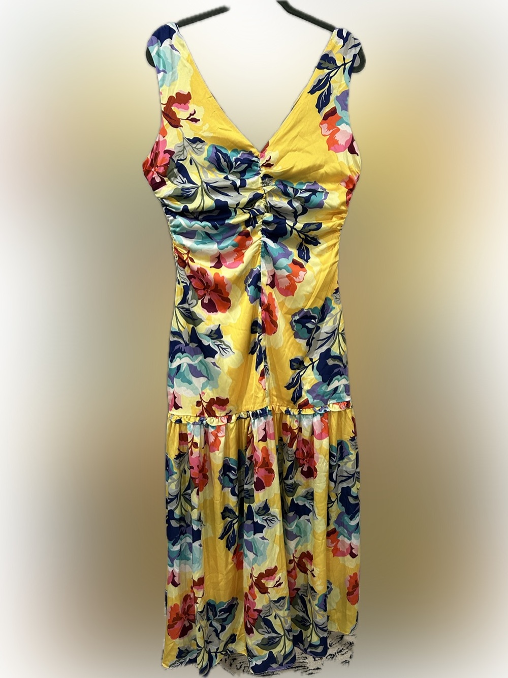 Boston Proper Yellow Floral V-Neck Midi Dress